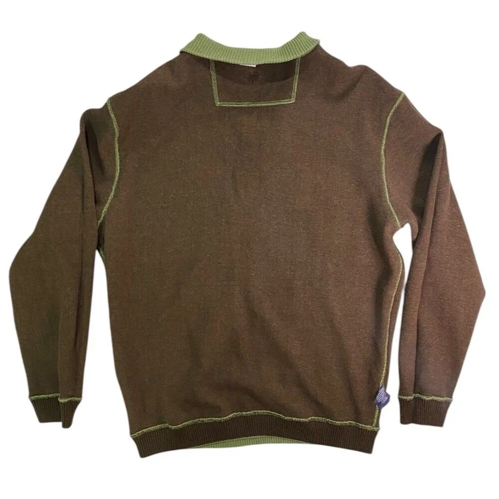 Alan Flusser Mens XL Reversible 1/4 Zip Pullover Sweater Green Brown Cotton